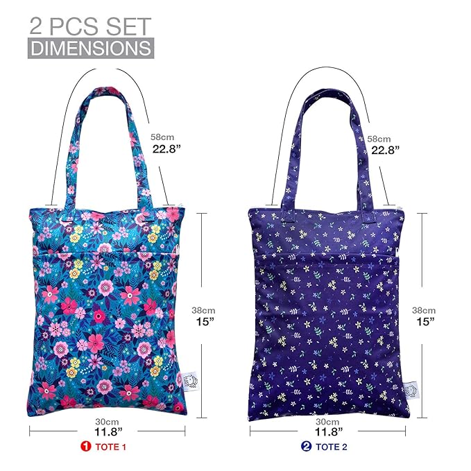 FLOCK THREE 2pcs Wet Dry Bag Waterproof Tote Reusable Wet Clothes Baby Diapers Stroller Swimsuit Travel Small Larger Electronics Toiletries Pouch Flower