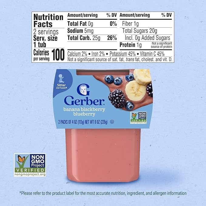 Gerber Stage 2 Baby Food, Banana Blackberry Blueberry Puree Tubs, No Artificial Colors or Flavors, Baby Puree, 2-Pack
