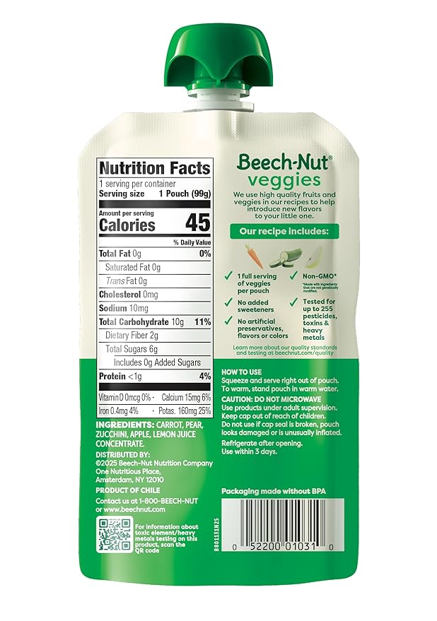 Beech-Nut Baby Food Pouches, Carrot Zucchini & Pear Veggie Puree Baby & Toddler Food, 3.5 oz (12 Pack)