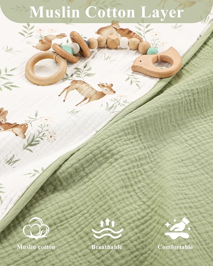 Waterproof Portable Changing Pad 2 Pack, Muslin Cotton Baby Changing Mat Comfortable & Breathable, Foldable Diaper Changing Pad for Travel, Machine Washable, Deer & Green