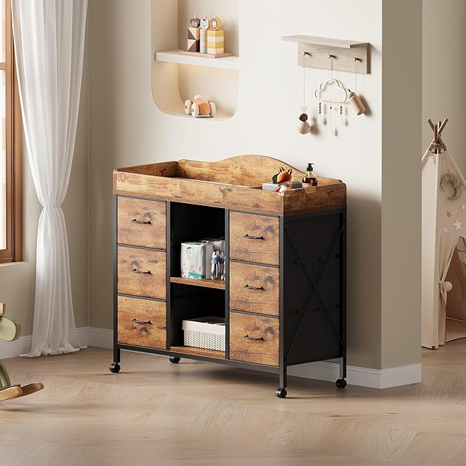 Yetom Changing Table, 6-Drawer Baby Dresser with Changing Table top,Waterproof Diaper Changing Station & Pad, 2 Height-Adjustable Open Storage Shelves, Mobile Nursery Organizer, Rustic Brown