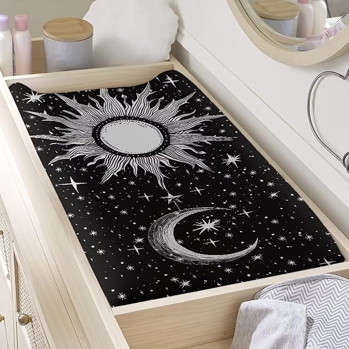 ZDCUSTOM Sun and Moon Changing Table Pad Covers Soft Unisex Diaper Change Table Sheets Super Soft Changing Pad Cover Sheets Fitted Cradle Sheets for 32"x16" Contoured Pad