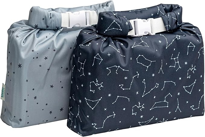 Kinder Set of 2 Water Resistant Wet Bags for Storing Laundry or Cloth Diapers Travel Size Wet Bag Daycare Beach Pool Wet Swimsuit Roll Top for Air Tight Odor Contained Washable Reusable (Night Sky)