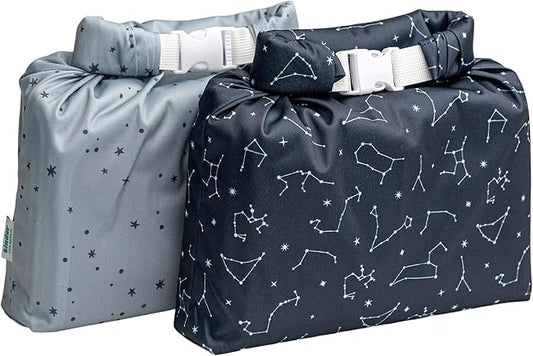 Kinder Set of 2 Water Resistant Wet Bags for Storing Laundry or Cloth Diapers Travel Size Wet Bag Daycare Beach Pool Wet Swimsuit Roll Top for Air Tight Odor Contained Washable Reusable (Night Sky)