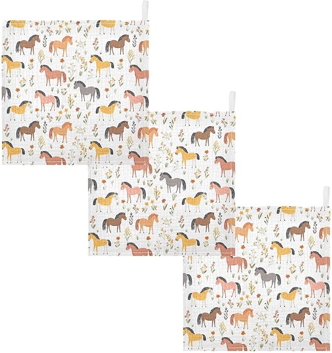 vvfelixl Cartoon Horses Graze Baby Burp Cloths Baby Muslin Washcloths for Boys Girls Cotton Babys Face Towel for Newborn Infants Soft and Absorbent 11.8 X 11.8 in, 5 Pack