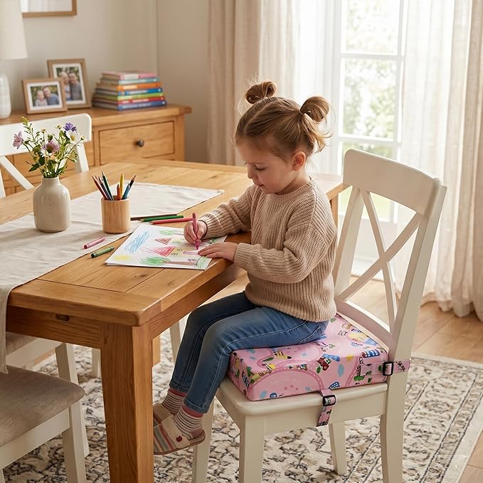 Toddler Booster Seat for Dining Table,Portable Kids Booster Seat - Adjustable, Non-Slip, Lightweight & Easy to Clean (Pink car)
