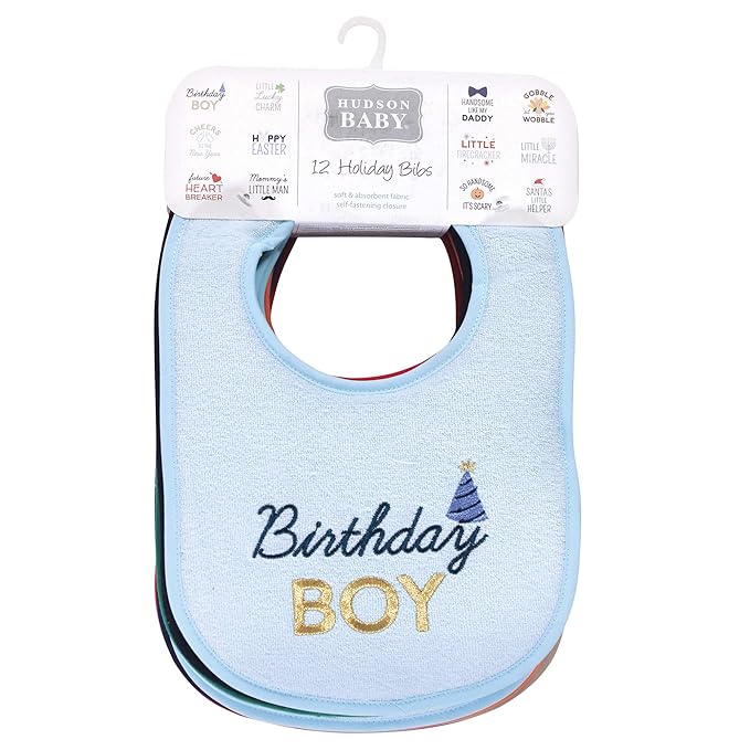 Hudson Baby Unisex Baby Cotton Terry Drooler Bibs with Fiber Filling, Cute Boy Holiday Sayings, One Size