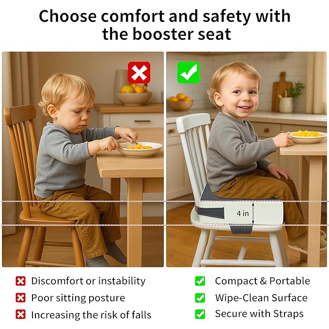 Toddler Booster Seat for Dining Table – PU Washable Cushion with Double Safe Straps, Non-Slip Bottom, Portable Travel Booster Seat for Toddlers (Dark Grey