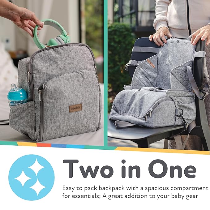 Nuby Easy Go 2-in-1 Backpack Booster Seat with 5-Point Safety Harness - Portable Travel Highchair - Holds Up to 55 lbs - 9+ Months - Gray