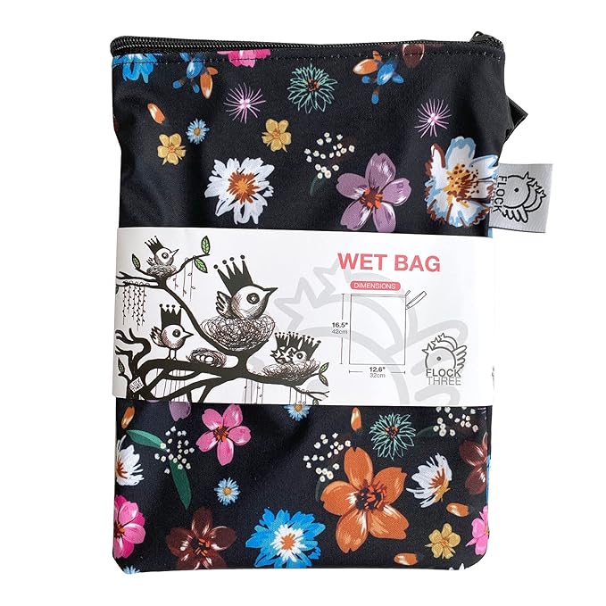 FLOCK THREE Washable and Reusable Wet Bag Diaper Bag Water Resistant Swimming Bag Pouch, Yoga Gym Bag Floral Print, 12.6'' x 16.5''