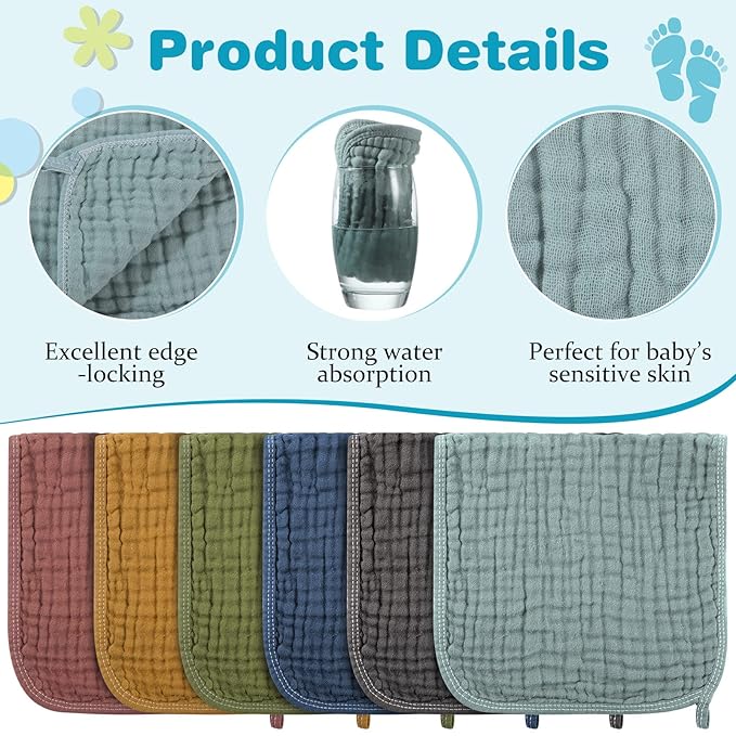 Hicarer 6 Pcs Girl Muslin Burp Cloths Cotton Burping Spit Rags Large 20 x 10 Inch 6 Layers Newborn Soft Absorbent Multicolor Wash Cloths Diapers for Baby Shower(Elegant Colors Series)