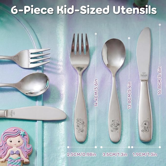 Lehoo Castle Kids Silverware 6-Piece | Stainless Steel Toddler Utensils with Spoons and Forks Knife, Children Safe Flatware for Self Feeding (Mermaids)