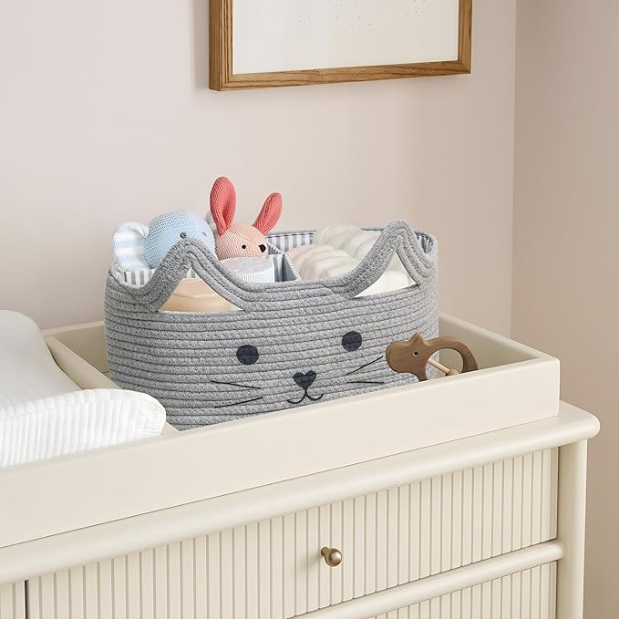 T&T Homewares Diaper Caddy Organizer, Cotton Rope Diaper Caddy Basket, Baby Shower Basket, Nursery Storage Bins, Newborn Caddie- Cat, Fox, Penguin (Grey Cat)