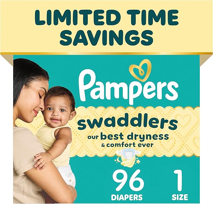 Pampers Swaddlers Diapers, Size 1 (8-14 lbs), 96 Count, Absorbent, Keeps Baby Dry and Comfortable, Skin Safe Disposable Baby Diaper (Packaging May Vary)