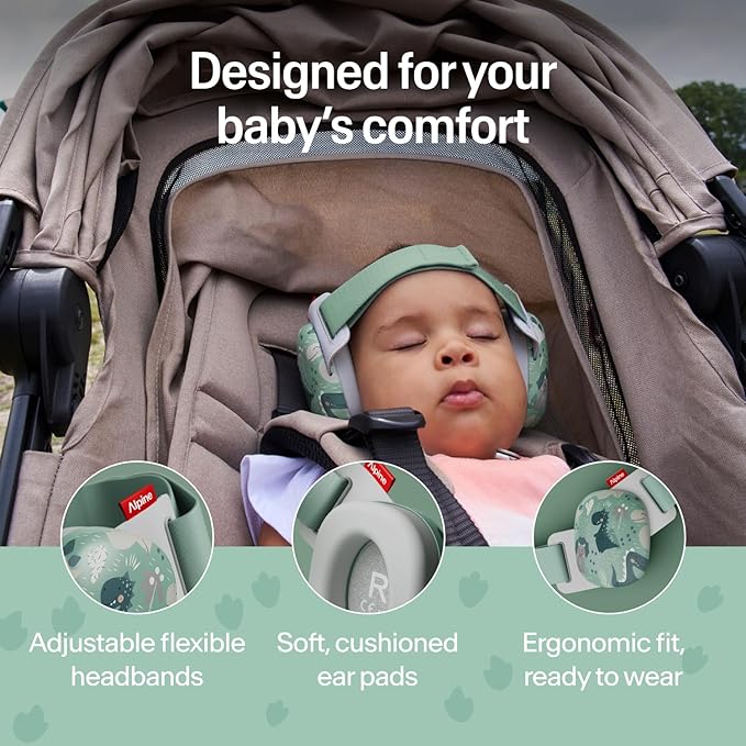 Alpine Muffy Baby Comfort - Protects Hearing for Babies and Toddlers - CE & ANSI Certified - Headband for Safe fit & Comfort - Adjustable for Ages 3-48 Months - 24dB Sound Reduction, Dinos