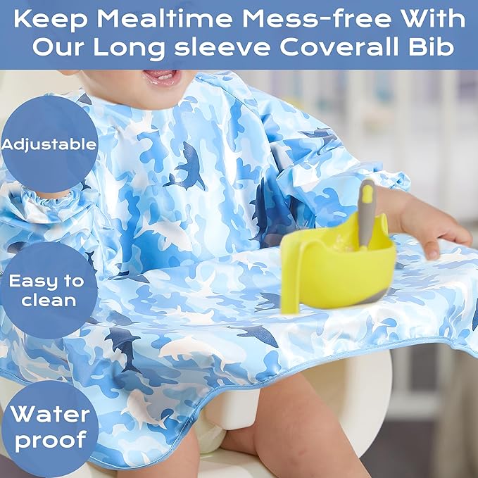 TSD Bib Baby Weaning Bib - Long Sleeved Bib Toddler bibs 6～36Months and Fully Cover to Highchair
