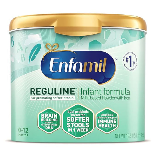 Enfamil Reguline Baby Formula, Designed for Soft, Comfortable Stools, with Omega-3 DHA & Probiotics for Immune Support, Reusable Powder Tub, 19.5 Oz