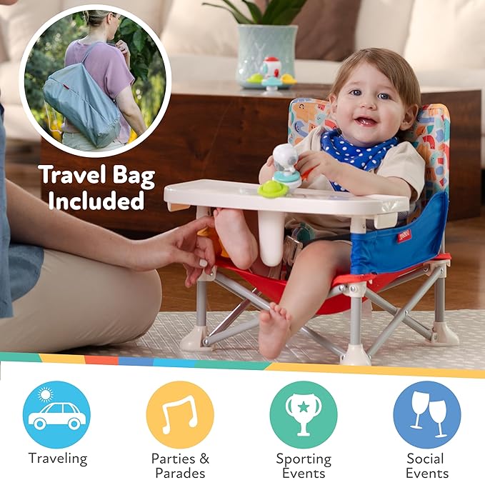 Nuby Pop-Up Booster Seat with Removable Tray - 6+ Months - Portable Booster Seat for Floor for Indoor/Outdoor Use - 3-Point Safety Adjustable Straps - Summer Travel Essentials - Pink
