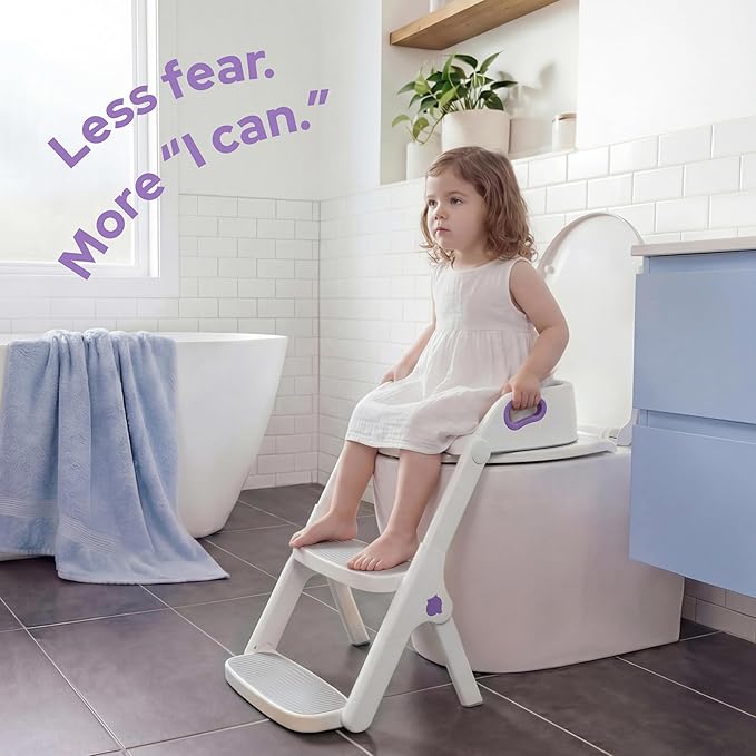 lalalark Potty Training Seat, 2-in-1 Toddler Toilet Seat with Steps, Upgrade Potty Step Stool for Toddler with Anti-slip Pad Step Stool, Extended Splash Guard, Foldable Potty Ladder Boys Girls, Purple