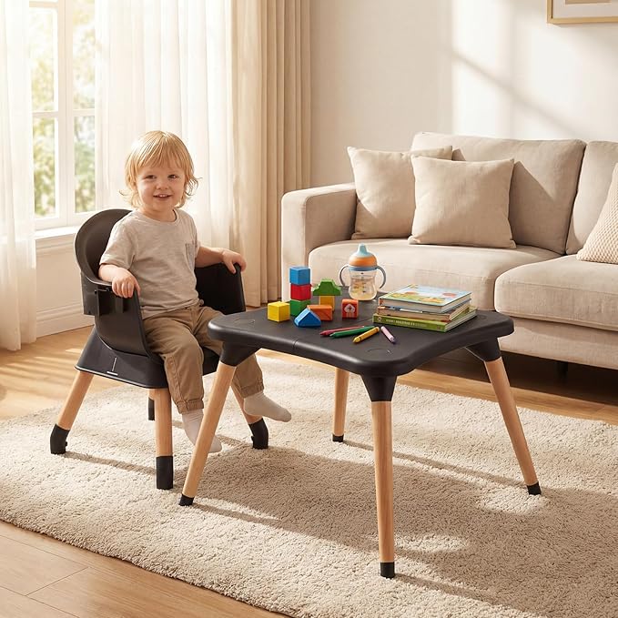HONEY JOY 9-in-1 Baby High Chair, Convertible Wood Highchair for Babies and Toddlers/Dining Booster Seat/Table & Chair Set, Toddler Stool w/5-Point Safety Harness, Removable Cushion & Tray (Coffee)