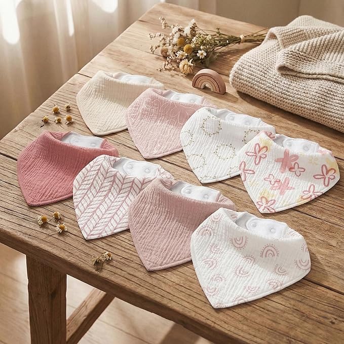 Muslin Baby Bibs 8 Pack, Baby Bandana Drool Bib for Drooling and Teething, Cotton Soft Absorbent for Girls Boys Spring Impression