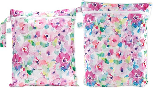 Bumkins - Waterproof Wet and Wetdry Bags - For Beach, Baby, Travel, Swim Suit, Cloth Diapers, Pump Parts, Pool, Gym, Toiletries - Reusable & Easy to Clean - Watercolor Floral - 2 Pack