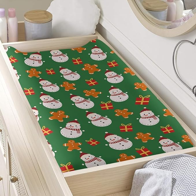Snowman Changing Pad Covers Gingerbread Man Comfortable Changing Table Cover for Baby Boys Christmas Day Soft Breathable Changing Pad Sheets Cover for Baby Girls Green