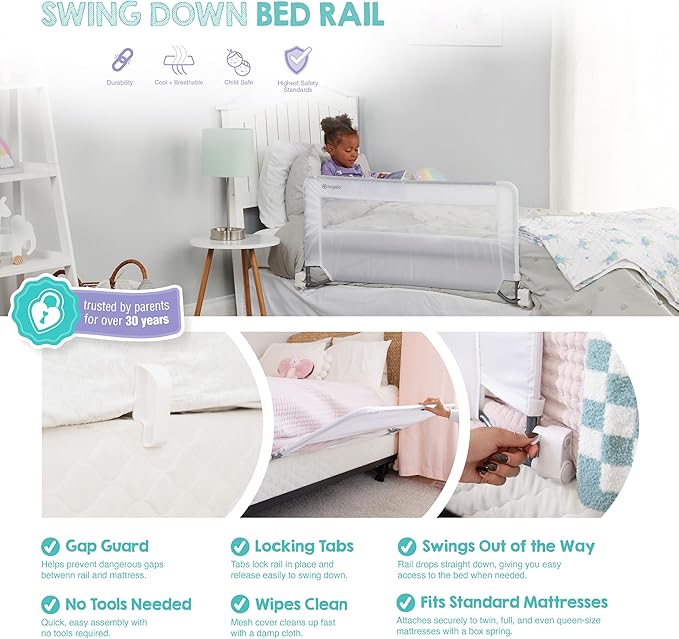 Regalo Swing Down Toddler Bed Rail Guard, NO Tools Required, Bed Rail for Toddlers with Patented Gap Guard, Toddler Bed Rail, Fits Twin, Full & Queen Beds, Bed Safety Rail for Kids Bed, 43” Long