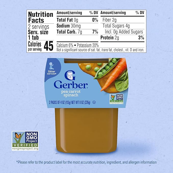 Gerber Stage 2 Baby Food, Pea Carrot Spinach Puree Tubs, Baby Puree, 16PK