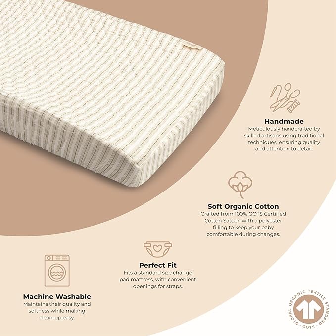 Crane Baby 100% Organic Cotton Change Pad Cover, Neutral Stripe Pattern for Boys, Girls, Unisex, Ultra-Soft GOTS Certified Cotton Cover, Perfect Registry Gift