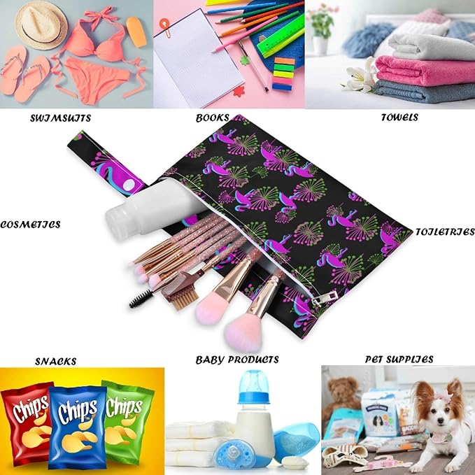 visesunny Purple Flamingo Tropical Pattern 2Pcs Wet Bag Washable Reusable Roomy for Travel,Beach,Pool,Daycare,Stroller,Diapers,Dirty Gym Clothes, Wet Swimsuits, Toiletries