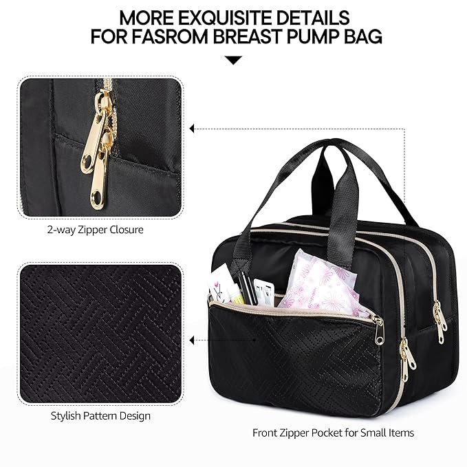 Fasrom Wearable Breast Pump Bag with Cooler Compatible with Momcozy, Medela and Elvie Pumps, Portable Pump Carrying Case for Working Moms, Black (Bag Only, Patent Design)