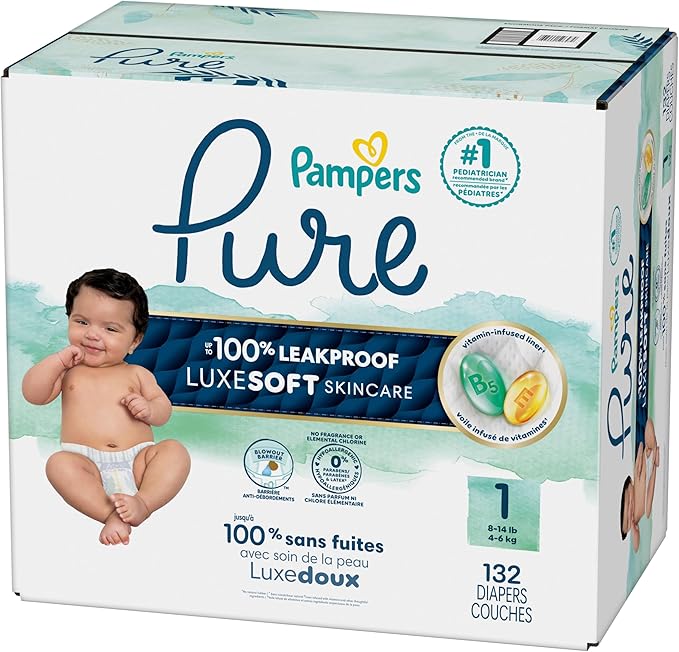 Pampers Pure Baby Diapers, Size 1 (8-14 lbs), 132, Up to 100% Leakproof, Premium Hypoallergenic Soft Diapers