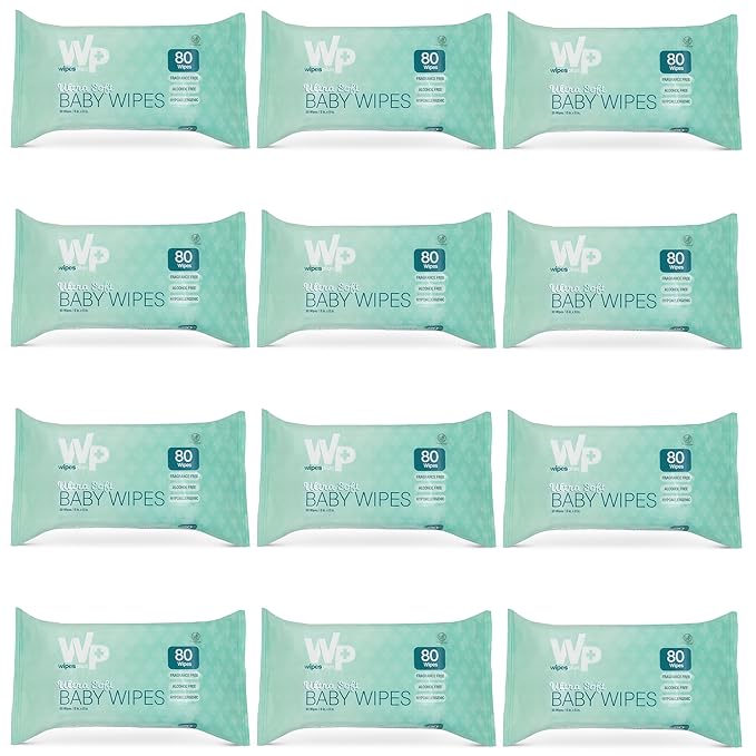 WIPESPLUS Baby Wipes, Hypoallergenic Ultra Soft Wipes for Sensitive Skin, Unscented, Alcohol Free, 12 Packs of 80 Wipes