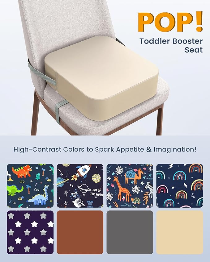 Toddler Booster Seat for Dining Table and Kitchen Chair – Adjustable Safety Straps, PU Leather, Non-Slip, Easy to Clean, Portable Travel Foam Booster Cushion for Kids & Toddlers (Light Yellow)