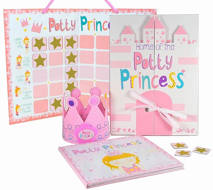 Tickle & Main Potty Princess Training Set - Multicolor, 3-Piece Adjustable Set - Magnetic Potty Training Chart with Sticker Rewards - Princess Storybook & Felt Crown