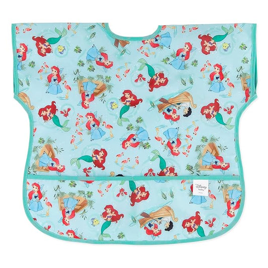Bumkins Disney Short Sleeve Bib for Girl or Boy, Toddler and Kids for 1-3 Years, Large Size, Essential Must Have for Junior Children, Eating, Mess Saving Soft Fabric Apron for Play, Ariel