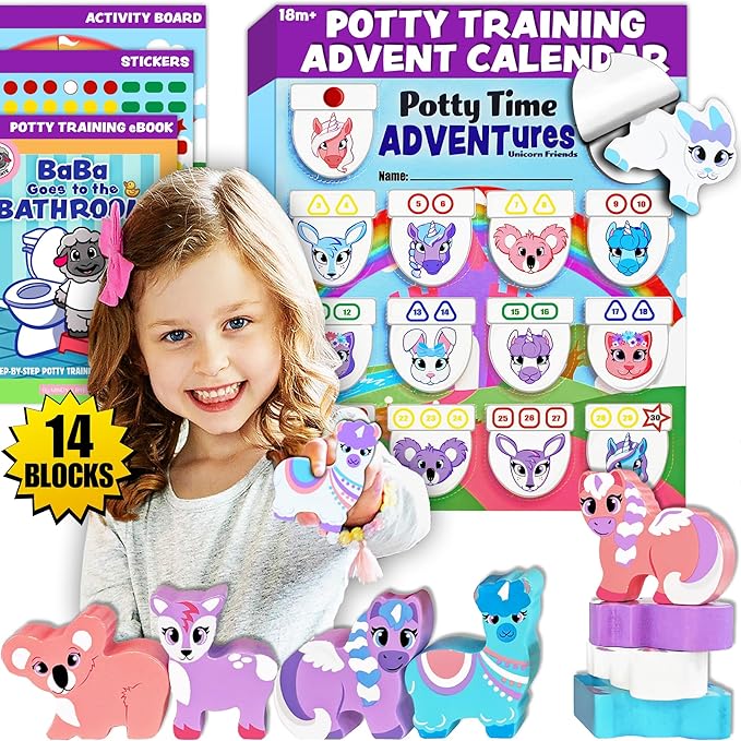 Potty Training Reward System - 14PC Wooden Stacking Blocks with Unicorn Themed, Montessori Behavior System Advent Calendar for Toddlers 18M+ Boys Girls by Lil Advents