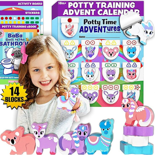 Potty Training Reward System - 14PC Wooden Stacking Blocks with Unicorn Themed, Montessori Behavior System Advent Calendar for Toddlers 18M+ Boys Girls by Lil Advents