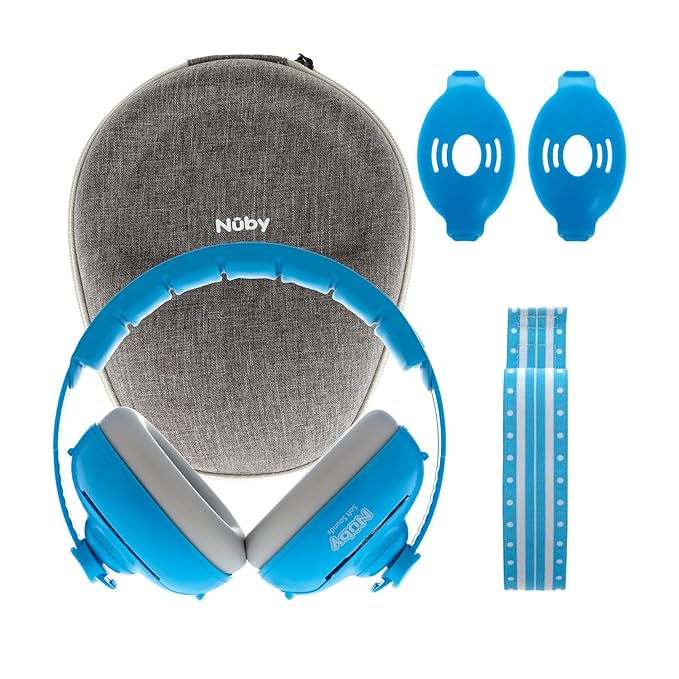 Nuby Soft Sounds 2-in-1 Noise-Canceling Baby Earmuffs with Travel Case - Adjustable Noise Protection for Infants and Toddlers - Blue