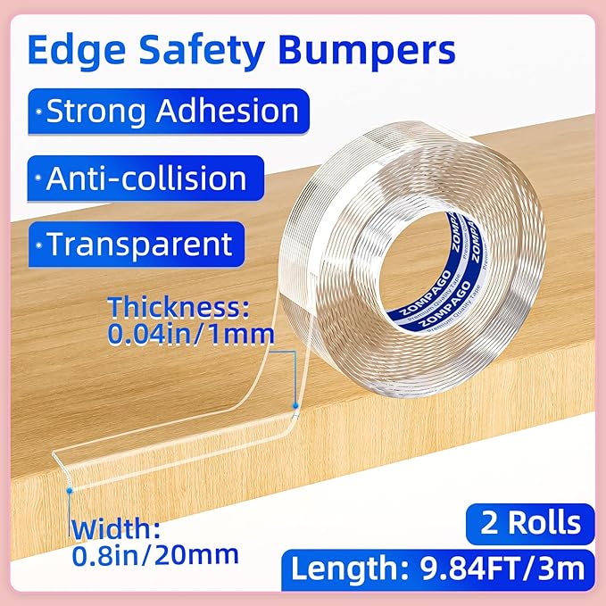 ZOMPAGO Clear Soft Corner Protectors for Baby Safety Furniture Strip 2 Rolls 0.8in x 9.84FT(L),Sharp Edge Table Corner Bumpers,Wall Corner Guards,Baby Proof Corner Protectors for Cabinet & Window Edge