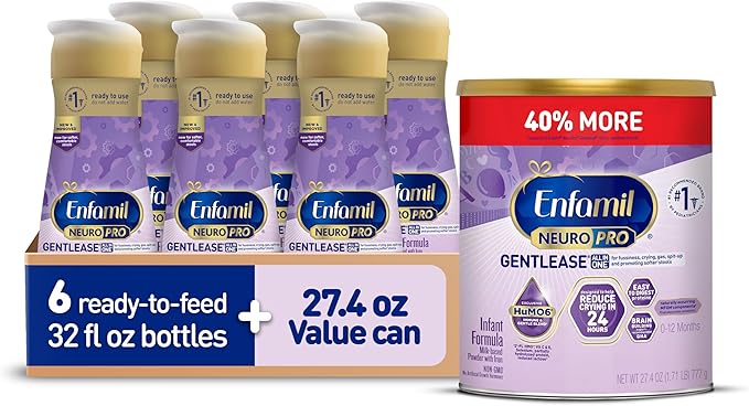 Enfamil NeuroPro Gentlease Baby Formula, Brain Building DHA, Immune Blend, Reduce Fussiness, Crying, Gas & Spit-up in 24 Hrs, 27.4 Oz Can + Ready-to-Feed Infant Formula, Liquid, 32 Fl Oz (6 Count)