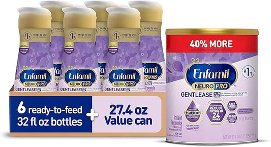Enfamil NeuroPro Gentlease Baby Formula, Brain Building DHA, Immune Blend, Reduce Fussiness, Crying, Gas & Spit-up in 24 Hrs, 27.4 Oz Can + Ready-to-Feed Infant Formula, Liquid, 32 Fl Oz (6 Count)