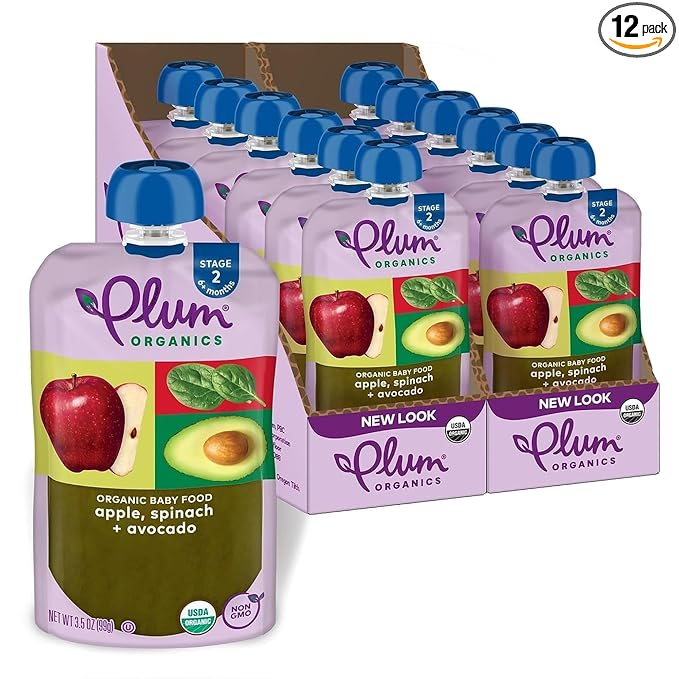 Plum Organics - 6+ Months Organic Baby Food - Apple, Spinach, & Avocado - Non-GMO - Fruit & Veggie Blends On-The-Go Pouches for Baby & Toddler Meals - Quality Tested Ingredients - 3.5 oz (Pack Of 12)