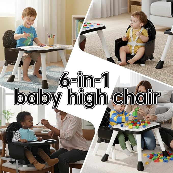 6-in-1 Convertible Baby Highchair, Booster Seat, Toddler Chair & Building Block Table, with Removable Tray, Easy Clean Cushion & 5-Point Harness (Black)