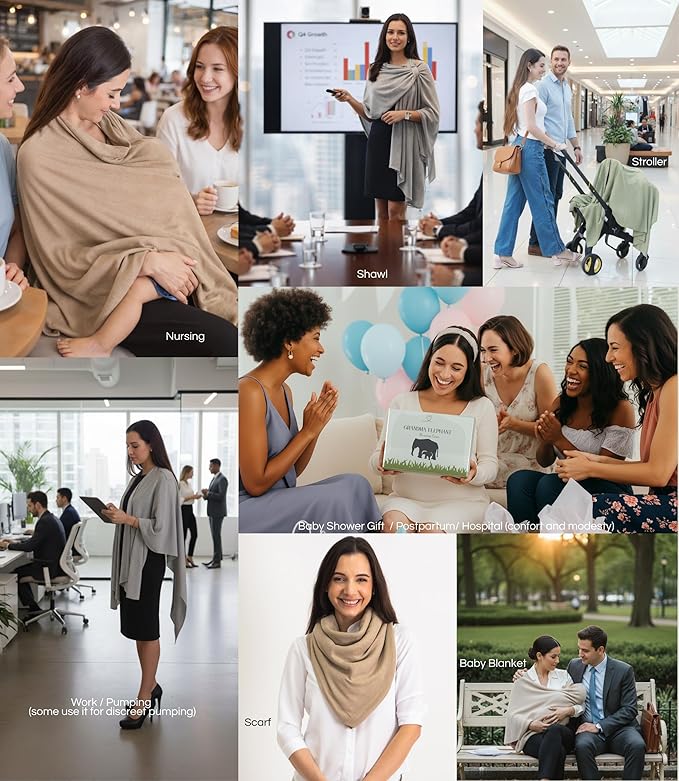 Set Premium Breast Feeding Covers for Women of All Body Types: Ultra Soft Stylish and Breathable Nursing Cover up for Breastfeeding + 4 Reusable Breast Pads for Nursing Comfort (Honey Camel)