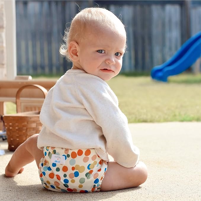 Esembly Cloth Diaper Cover - Reusable Swim Diaper, Waterproof, Breathable - Adjustable Outer Layer Over Absorbent Inner for Blowout Protection - Funfetti, Size 1 (7-17lbs)