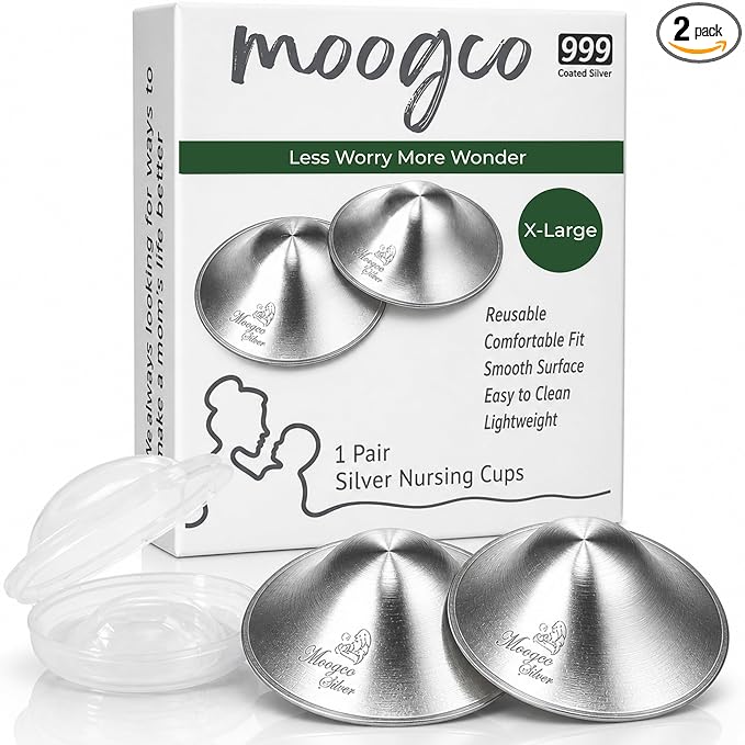 MOOGCO The Original Silver Nursing Cups - Nipple Shields for Breastfeeding Newborn - Breastfeeding Essentials - 999k Tri-Laminate Silver for Larger Sizes (X-Large, Set of 2)