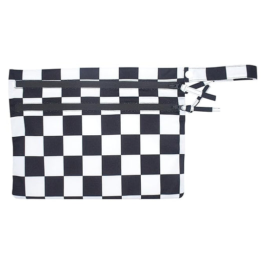 BapronBaby Black Checkerboard Wet Dry Bag - Waterproof Two Zipper Pockets - Reusable for Mealtime, Diapers, Stroller, Snacks, Swimsuits - Machine Washable - 11" x 9"