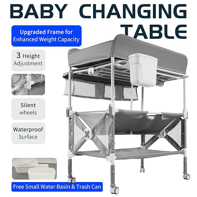 PEEKABU Portable Foldable Baby Changing Table Dresser Waterproof Diaper Changing Station with Wheels, Adjustable Height Changing Table Station Mobile Nursery Organizer for Newborn and Infant, Grey